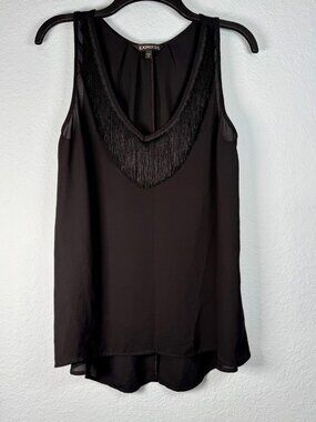 Express Fringe Black Chiffon Tank Top Womens M Sleeveless V-Neck Party Night Out
